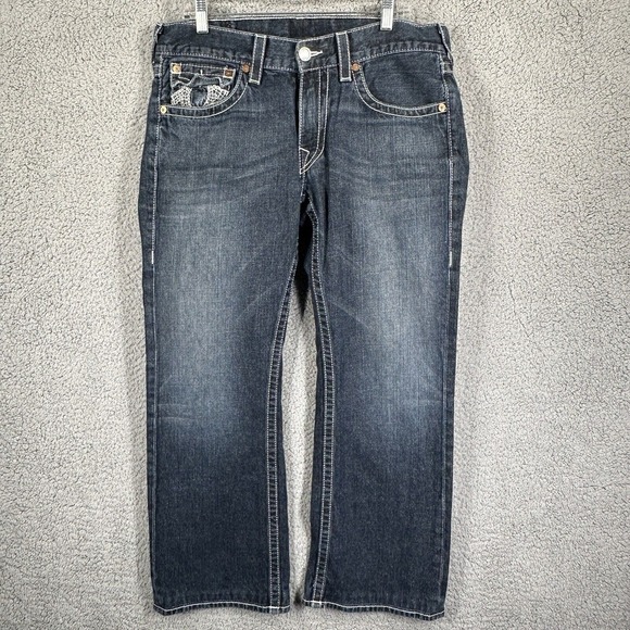 TRUE RELIGION Sz 34 Flap‎ Pocket White Stitch Bootcut Jeans Y2K USA Preppy - Picture 1 of 12